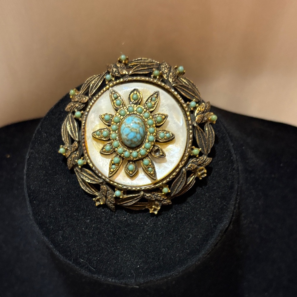 Unique Vintage Gold and Turquoise Sunburst Brooch